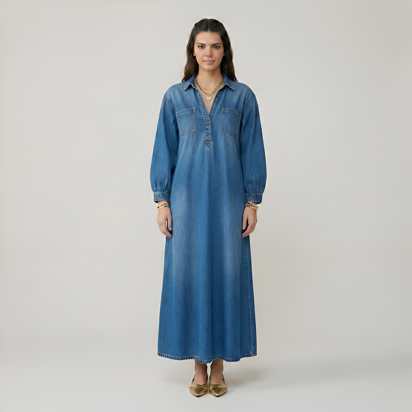 Long Sleeve Denim Maxi Dress For Women