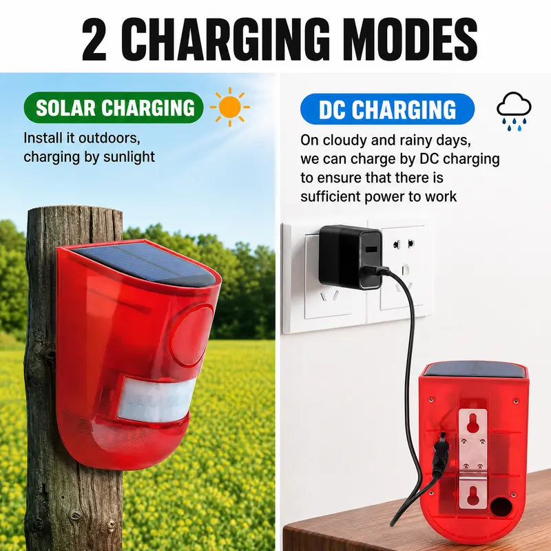 Solar Powered Siren AlarmOutdoor Motion Sensor Alarm System, 129dB Loud Noise Maker with 4 Working Modes, IP65 Waterproof Detector, Strobe Light for Garden Home Security & Outdoor Gadgets