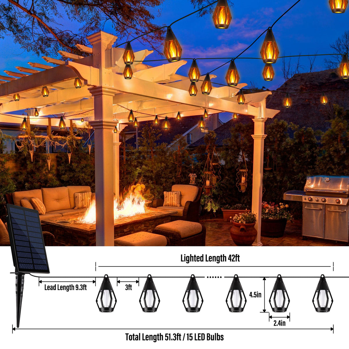 SolarFlame String Lights - 42ft 15 LED Outdoor Solar
