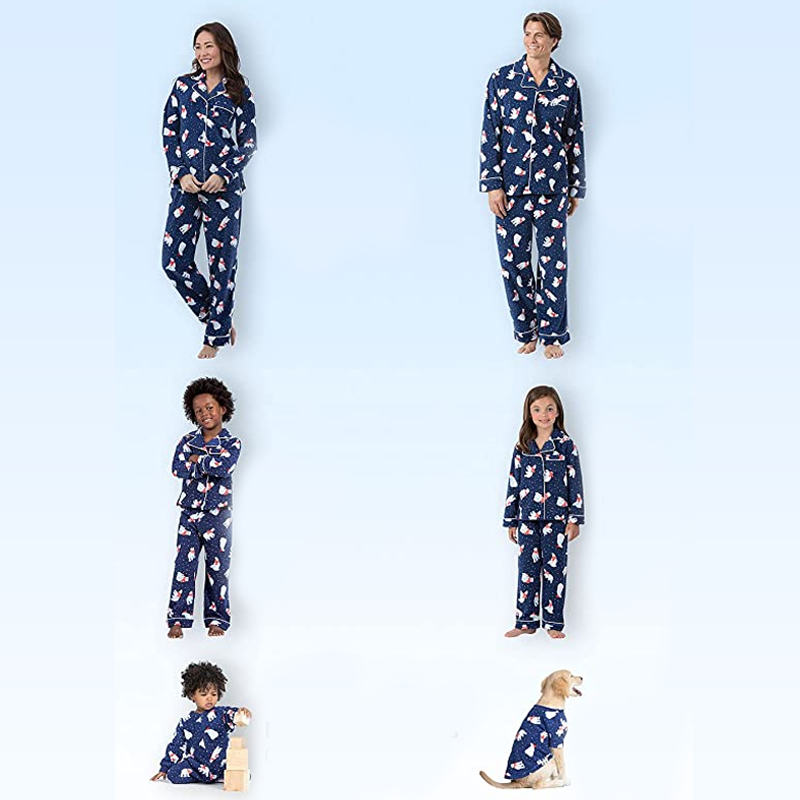 Blue Christmas Matching Family Pajamas Set With Polar Bear Snow Print All