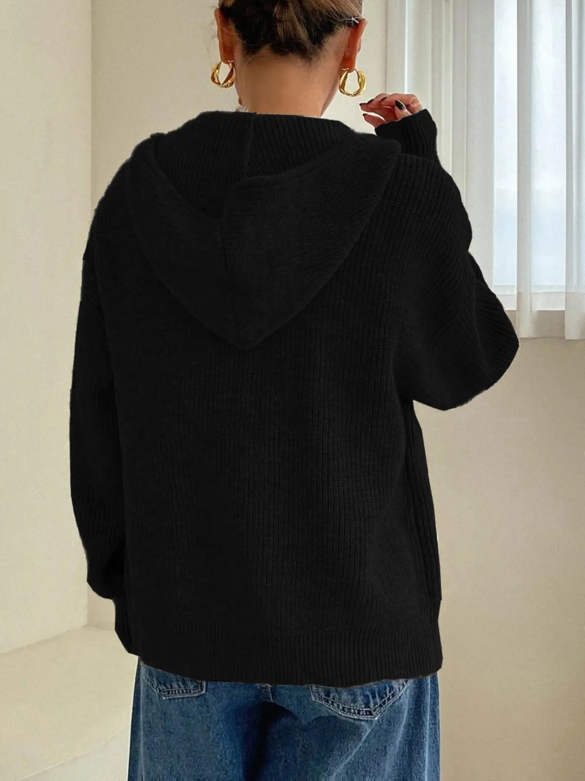 Women's Solid Basic Zip-Up Hooded Sweater Cardigan, Casual Cardigan Top, Casual Fitted Drop-Shoulder Long-Sleeve Everyday Womenswear Cardigan, Women Knitwear Knitting for Fall & Winter Daily Wear