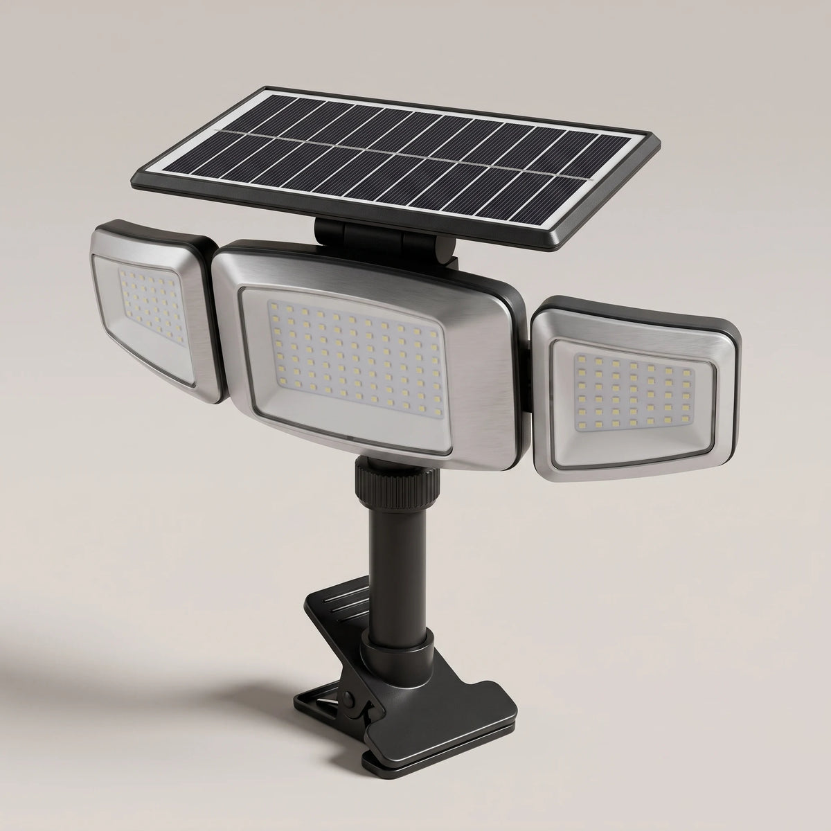 Three LED heads and the solar panel angled to show the adjustable hinges