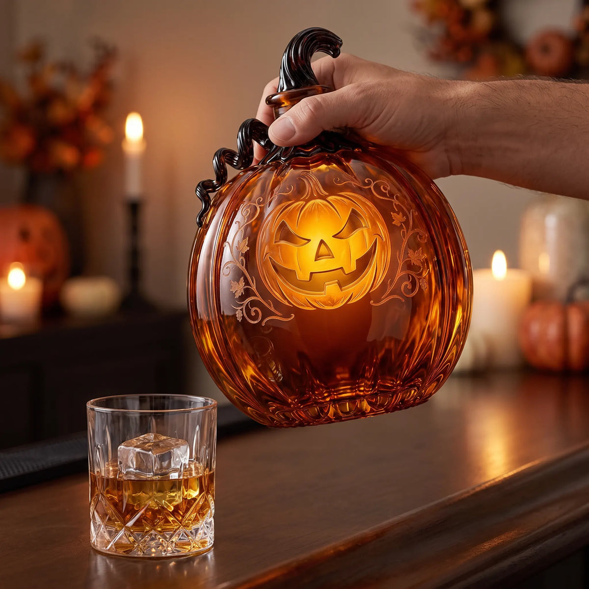 Pumpkin Lantern Whiskey Decanter beside an open gift box
