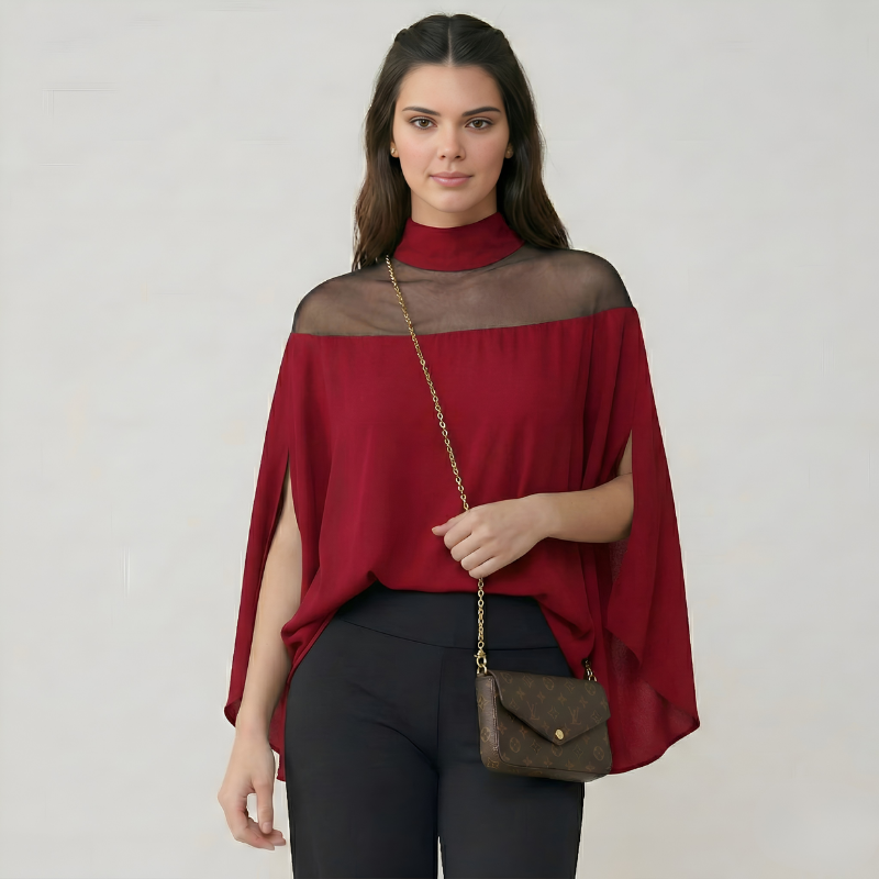 Mesh Yoke Batwing Sleeve Loose Fit Top For Women