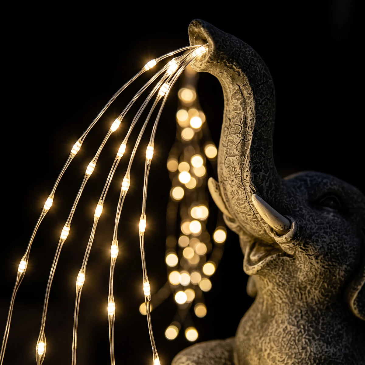 Close-up of the warm LED strands at night