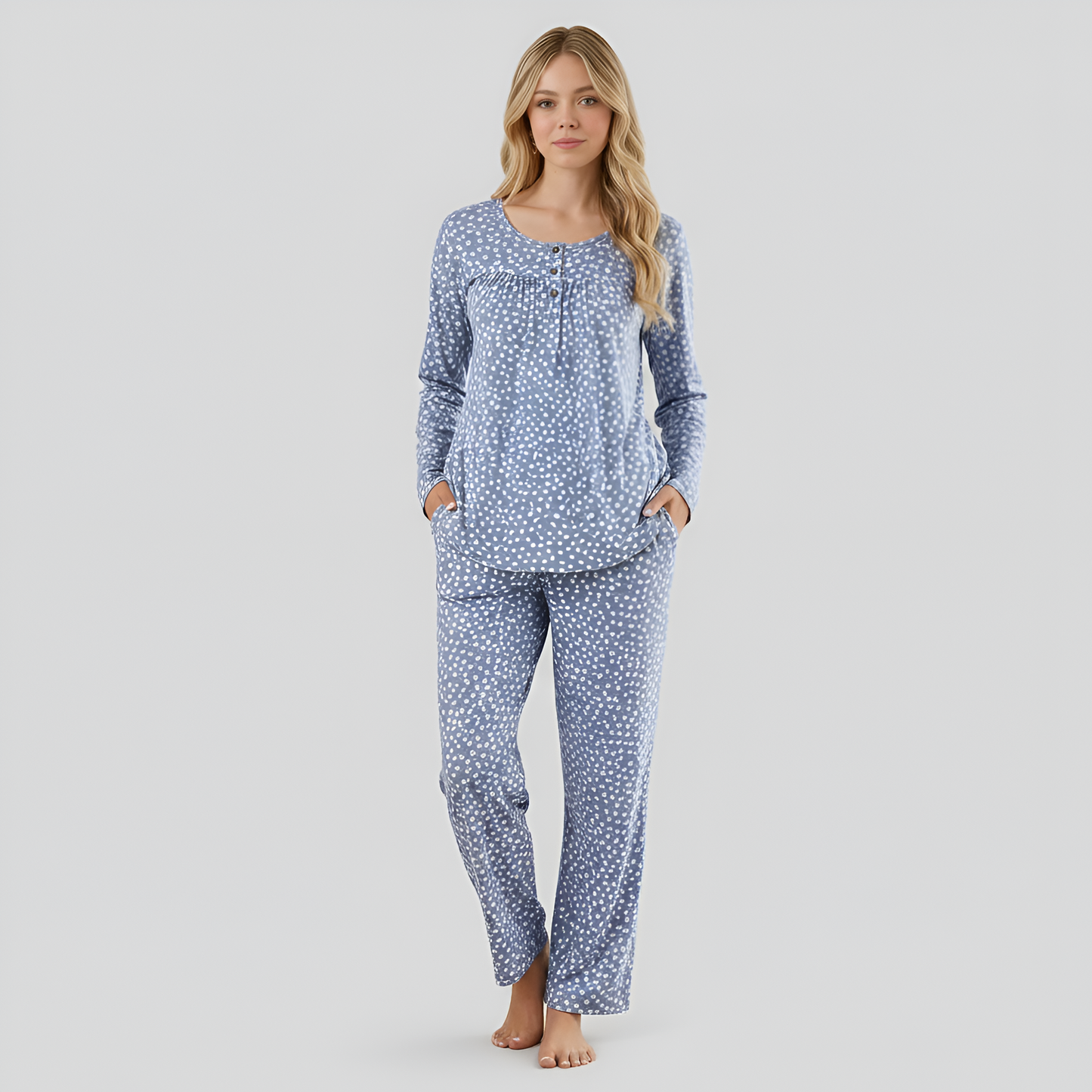 Long Sleeve Printed Pajama Set With Pockets
