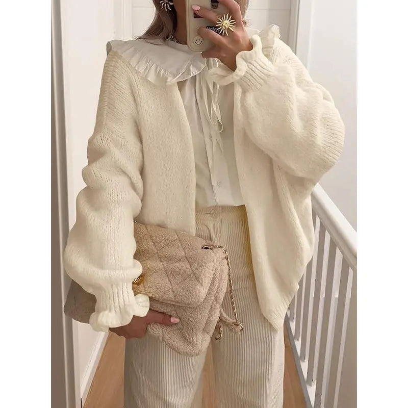 Saodimallsu Cardigan for Women, Open-Front Oversized Chunky Polyamide Knit Sweaters, Casual Clothes with Long Ruffle Lantern Sleeves, Long Sleeve, Minimalist,clothes for back to school,first day of school outfits,sohochic