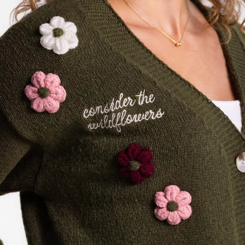 Love in Faith Women's Embroidered Casual V-Neck Long Sleeve Knit Cardigan Sweater Top - Soft Nature-Inspired Floral Knit, Ribbed Polyester Balloon Sleeves, Cozy Women's Clothes