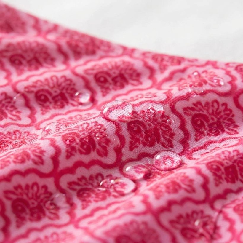 Close-up of the scalloped-print swim fabric with water droplets on the surface