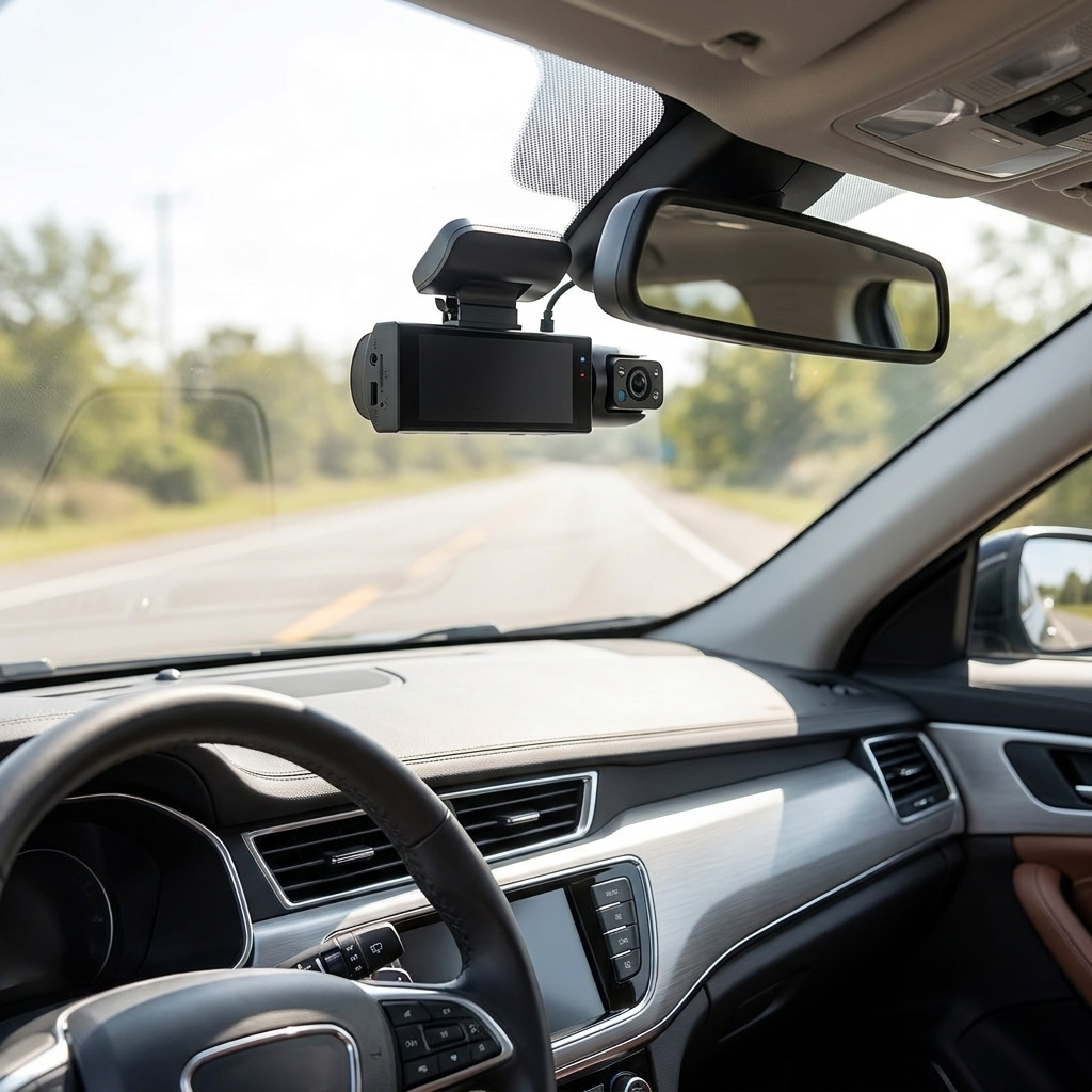 Windshield-mounted dash cam seen from the driver's seat with the road ahead through the glass