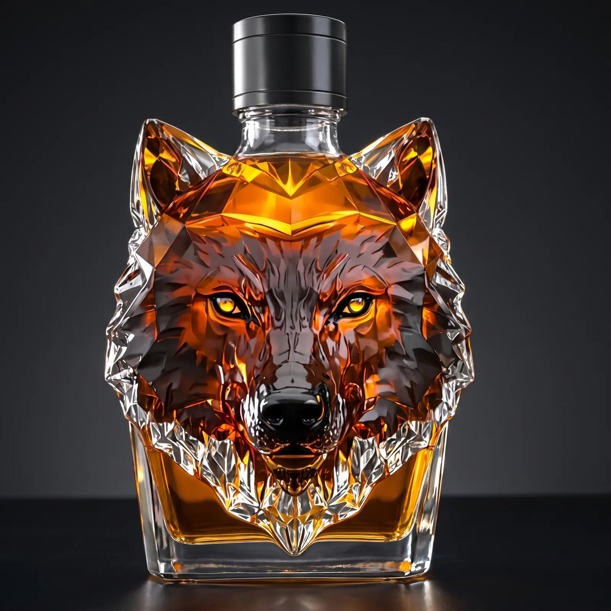 Wolf Head Whiskey Decanter on a dark studio background