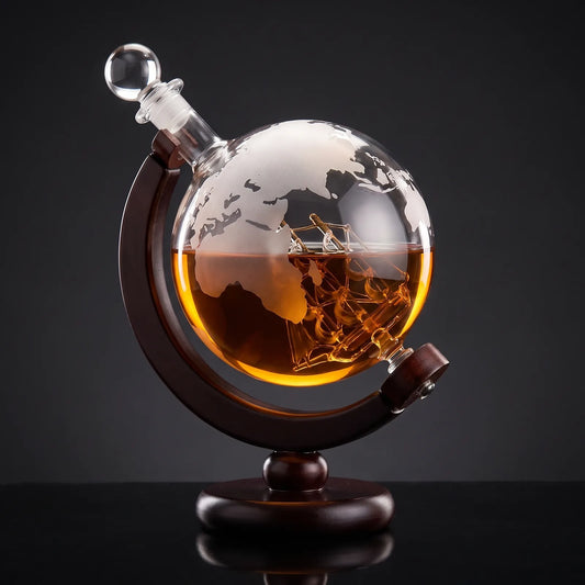 Crystal Globe Whiskey Decanter Set on a dark studio background