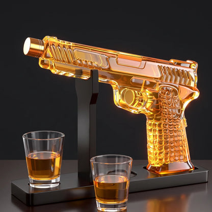 Gun Decanter with 2 Shot Glasses on a dark studio background