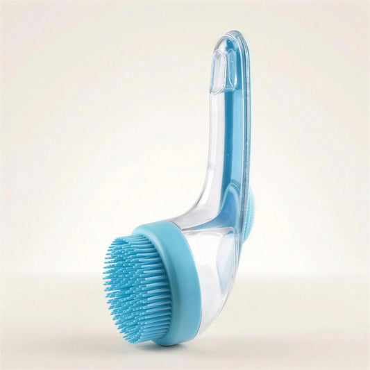 Pet shampoo brush with clear refillable handle and blue silicone bristle head