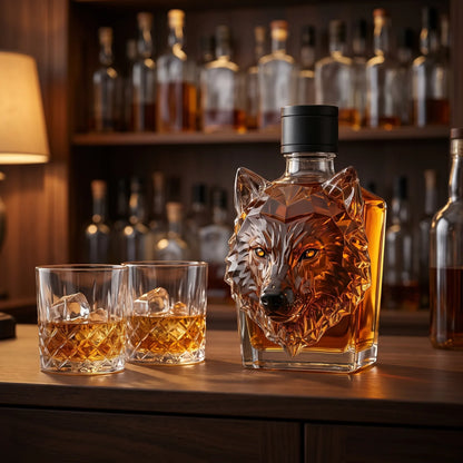 Wolf Head Whiskey Decanter on a home bar beside two whiskey glasses