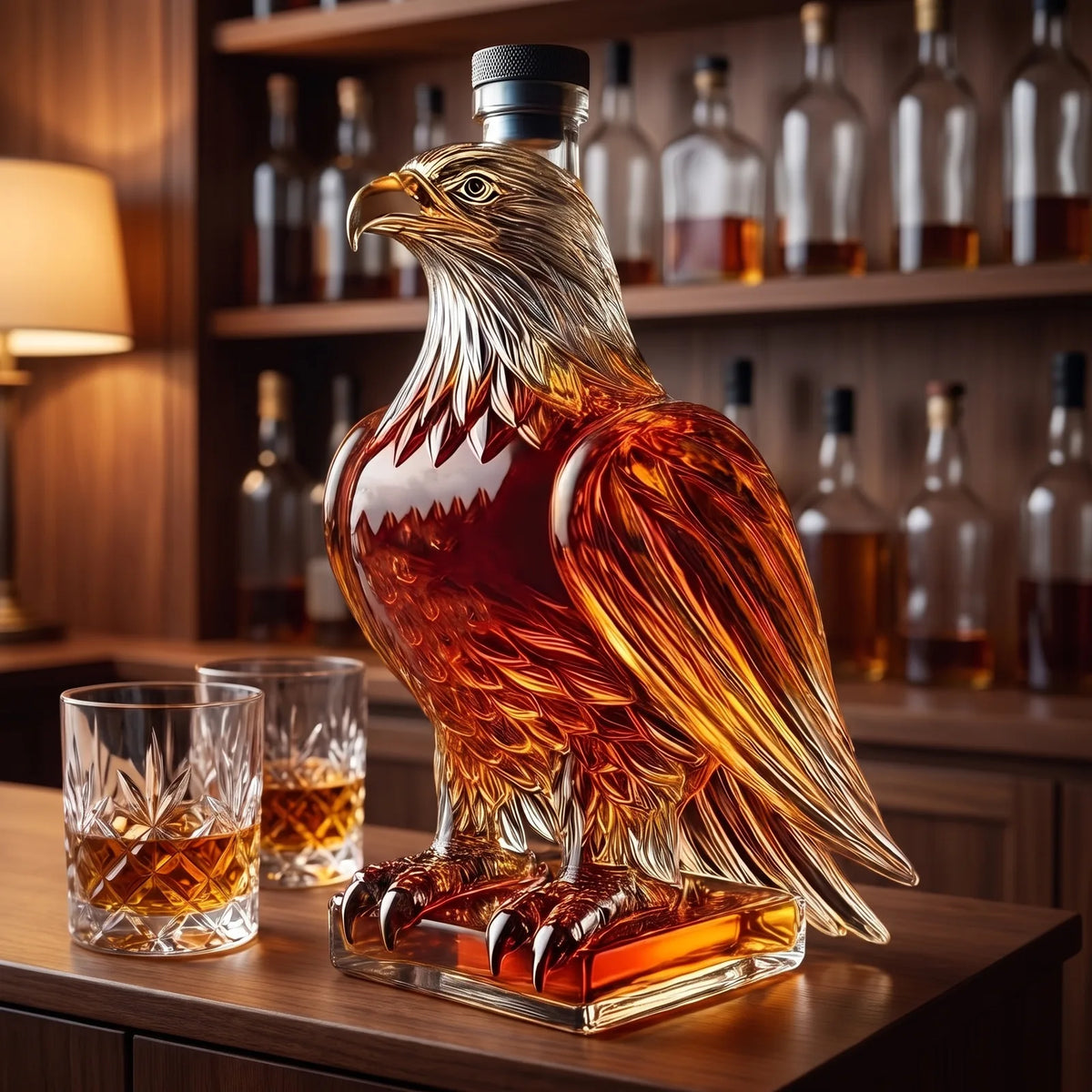 Hand-Blown Eagle Whiskey Decanter on a home bar beside two whiskey glasses