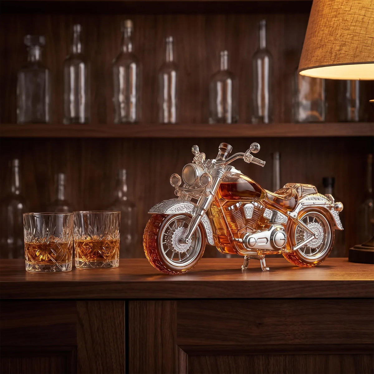 Motorcycle Whiskey Decanter on a home bar beside two whiskey glasses