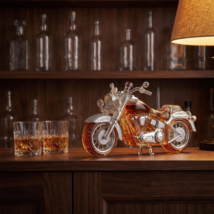 Motorcycle Whiskey Decanter on a home bar beside two whiskey glasses