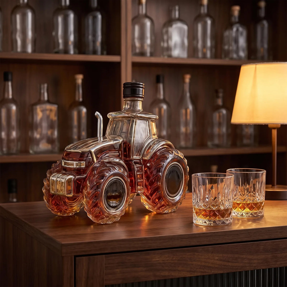 Tractor Whiskey Decanter on a home bar beside two whiskey glasses