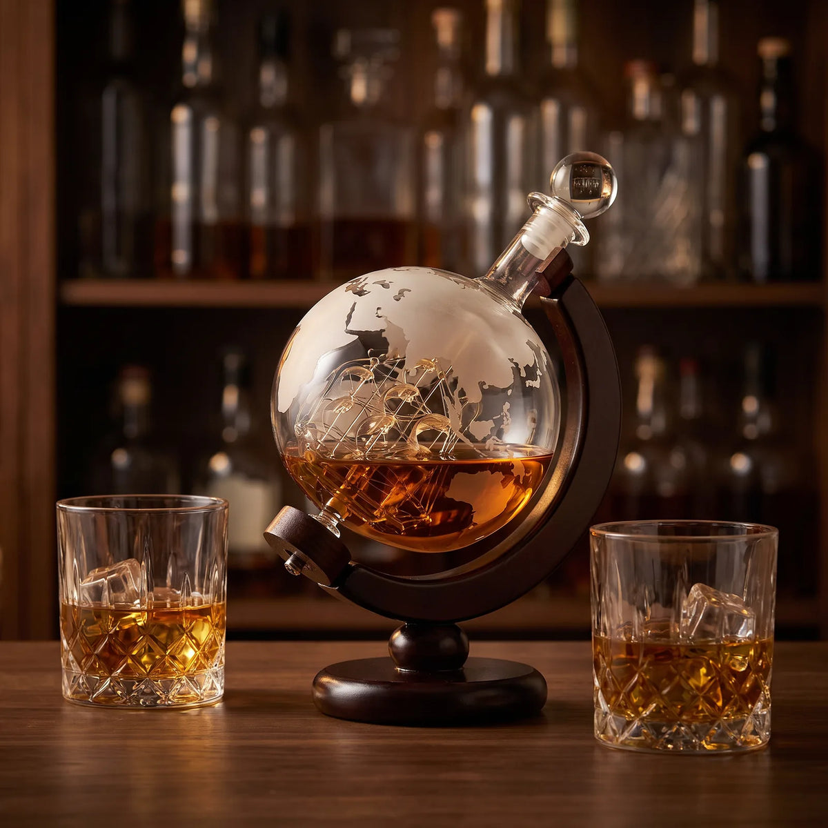 Crystal Globe Whiskey Decanter Set on a home bar beside two whiskey glasses