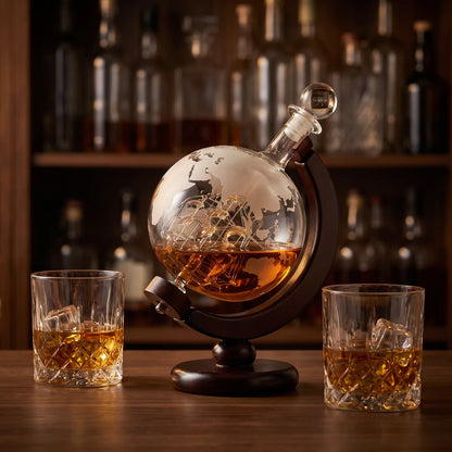 Crystal Globe Whiskey Decanter Set on a home bar beside two whiskey glasses