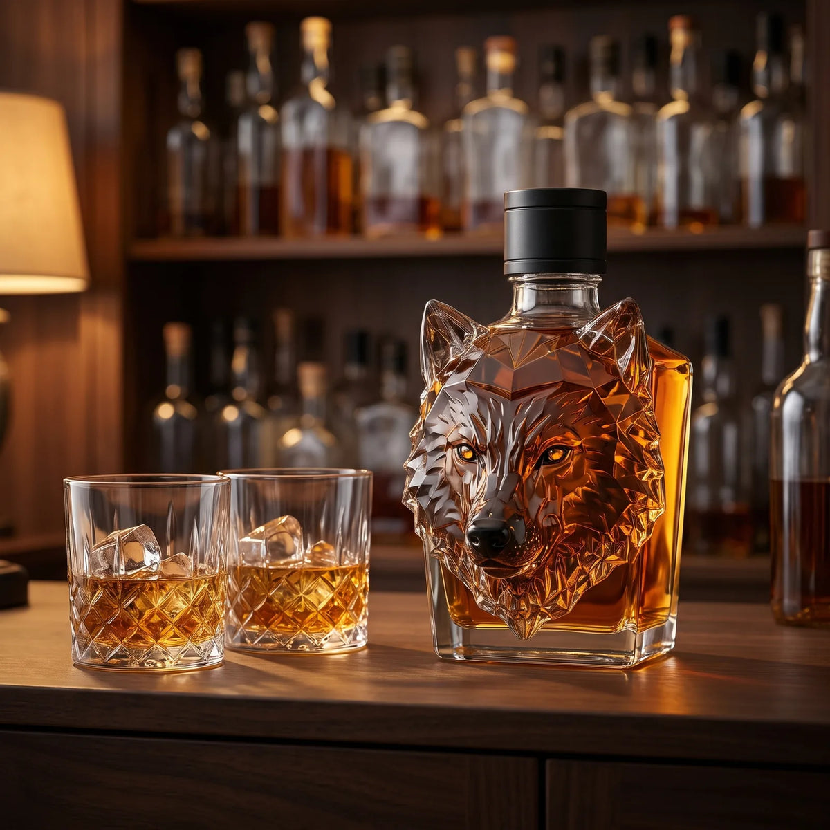 Wolf Head Whiskey Decanter on a home bar beside two whiskey glasses