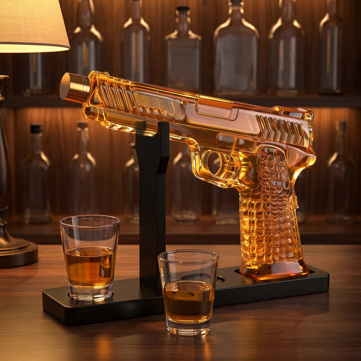 Gun Decanter with 2 Shot Glasses on a home bar beside two whiskey glasses
