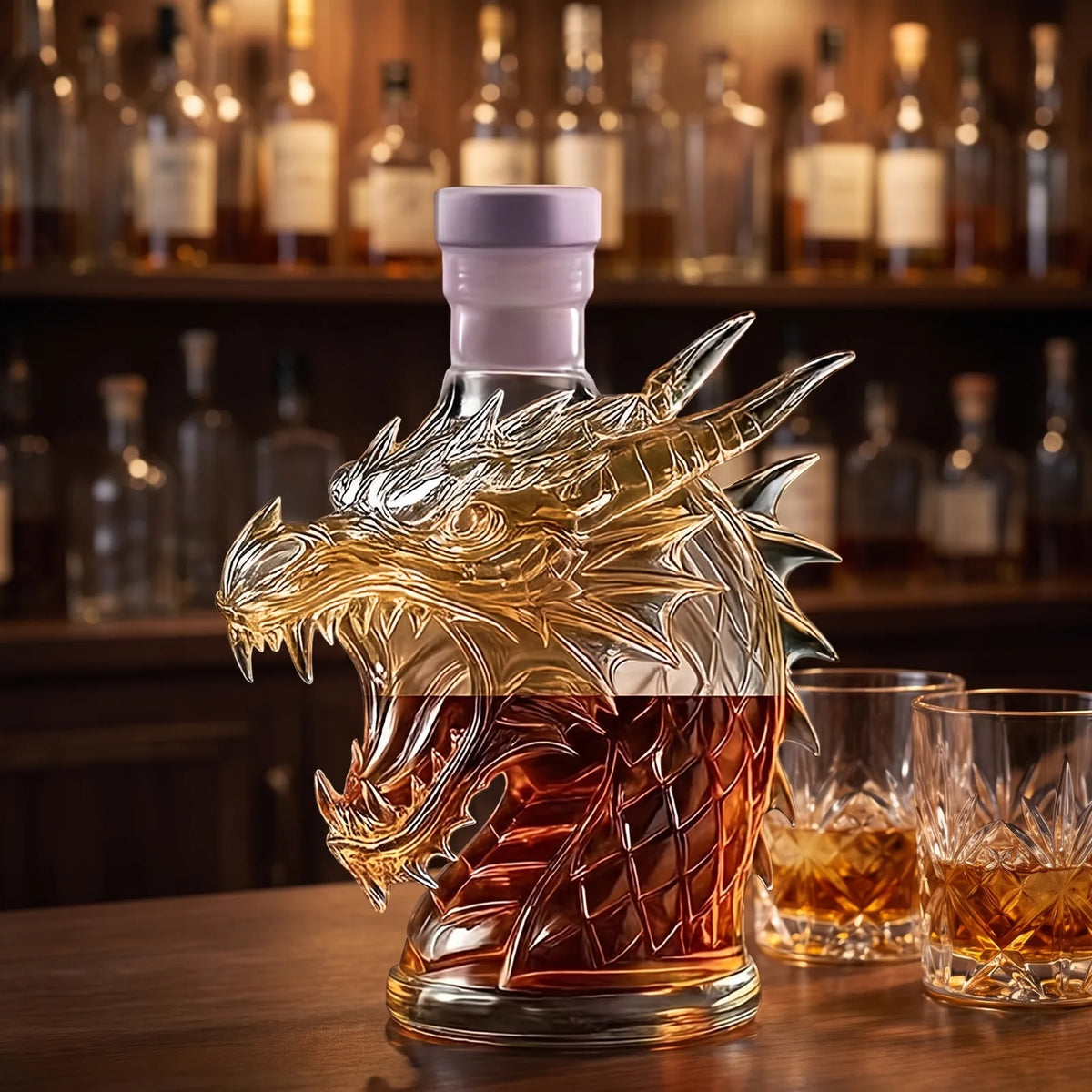 Dragon Shaped Whiskey Decanter on a home bar beside two whiskey glasses