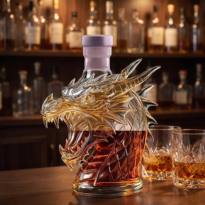 Dragon Shaped Whiskey Decanter on a home bar beside two whiskey glasses