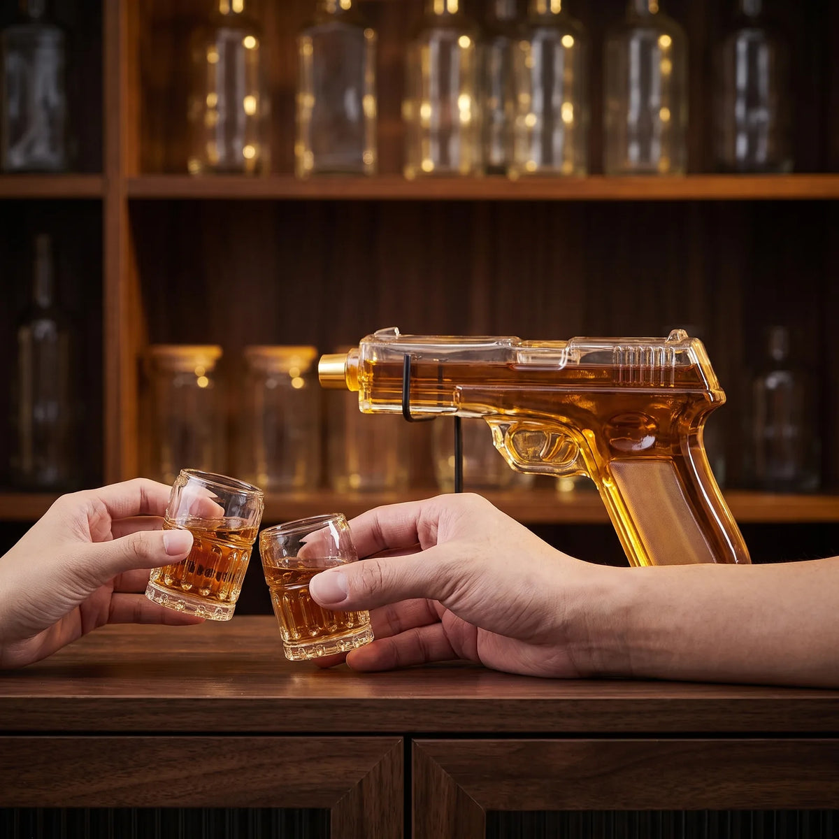 Pistol Decanter with 2 Shot Glasses on a home bar beside two whiskey glasses