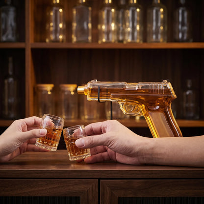 Pistol Decanter with 2 Shot Glasses on a home bar beside two whiskey glasses