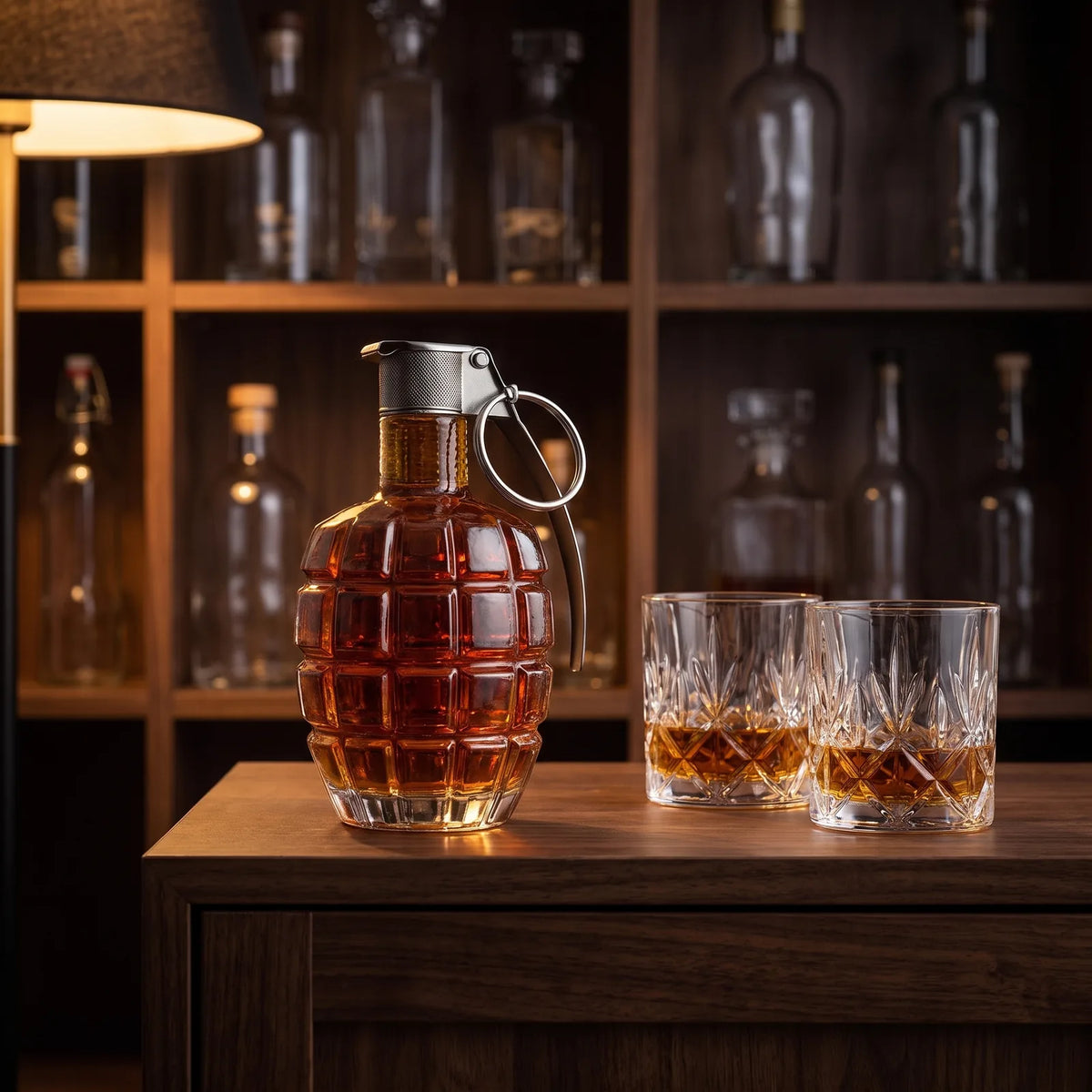 Grenade Whiskey Decanter on a home bar beside two whiskey glasses