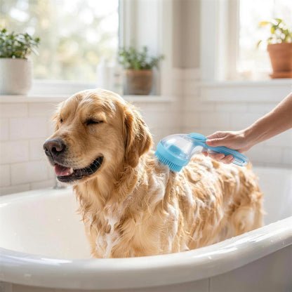 Golden retriever being washed in a bath with the silicone pet shampoo brush