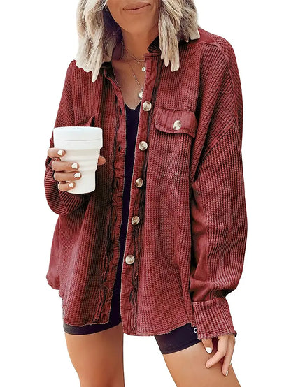 Ebossy Women's Basic Button-Front Long Batwing Sleeve Splicing Cardigan - Lightweight Waffle Textured Boyfriend Shacket, Women's Outerwear Clothes