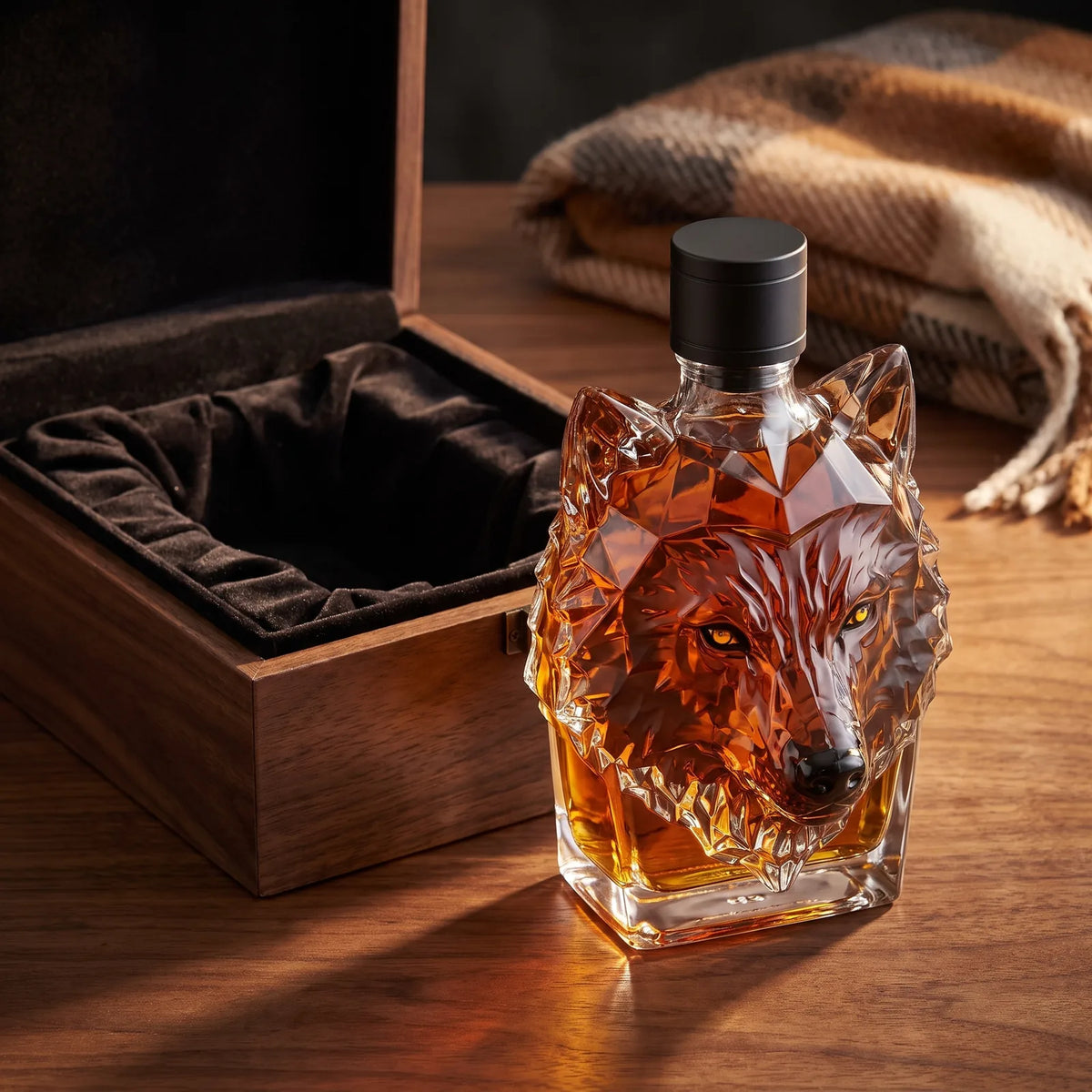 Wolf Head Whiskey Decanter beside an open gift box