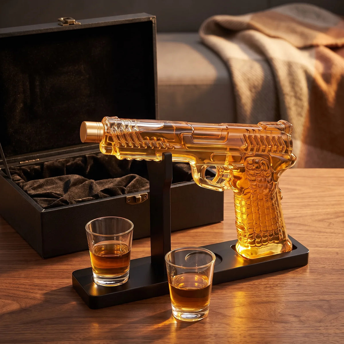 Gun Decanter with 2 Shot Glasses beside an open gift box