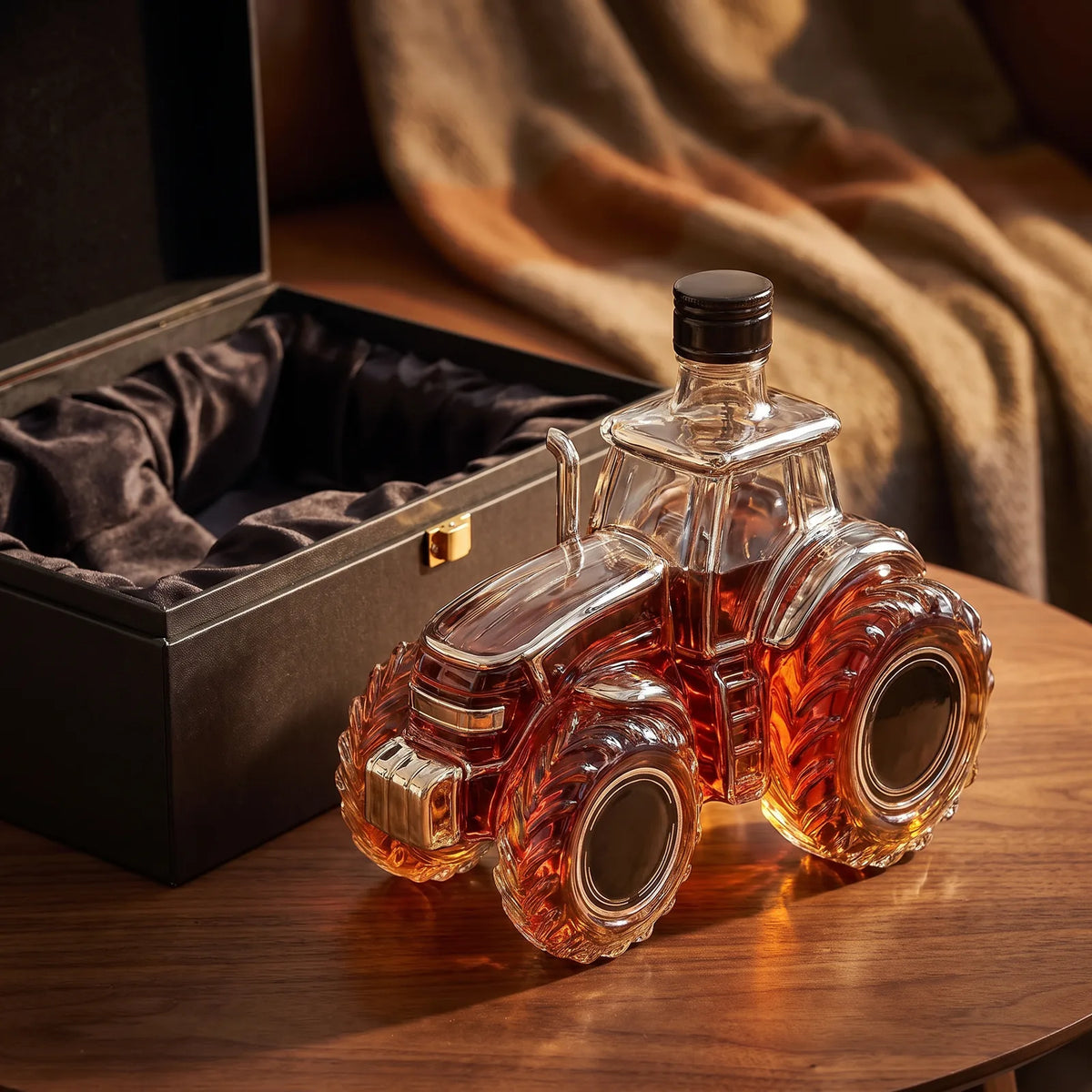 Tractor Whiskey Decanter beside an open gift box