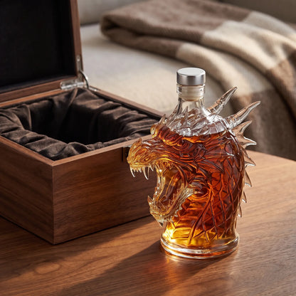 Dragon Shaped Whiskey Decanter beside an open gift box