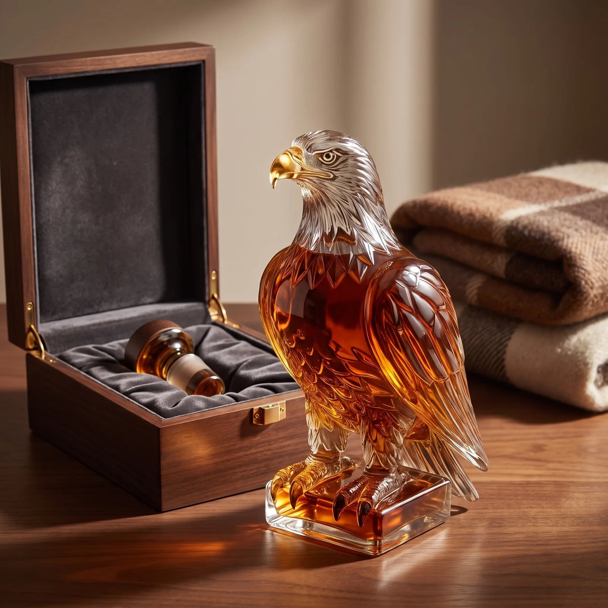 Hand-Blown Eagle Whiskey Decanter beside an open gift box