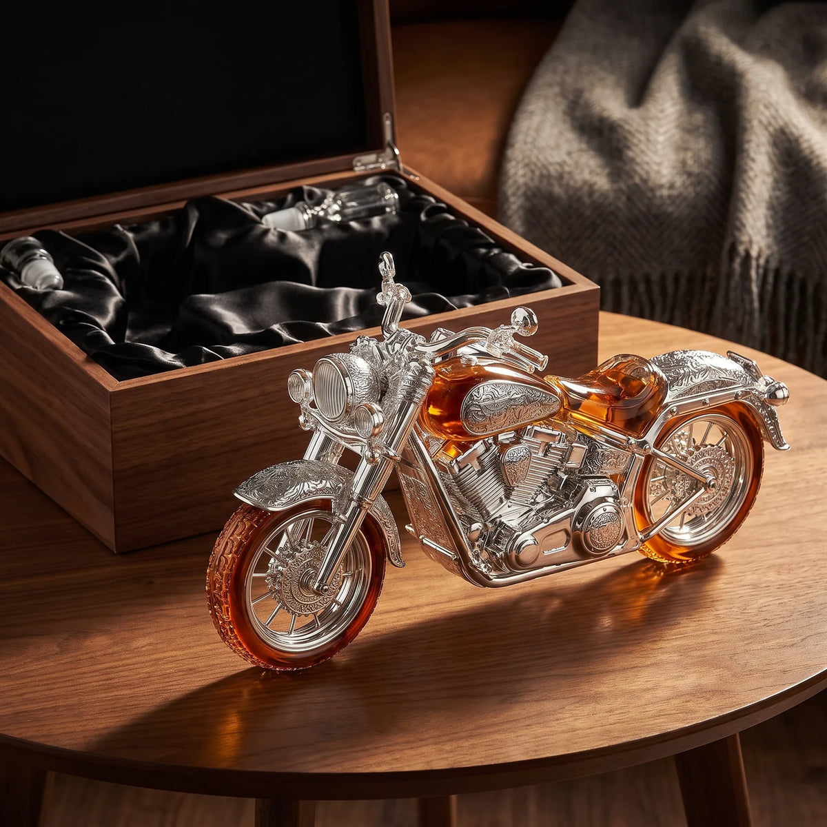 Motorcycle Whiskey Decanter beside an open gift box