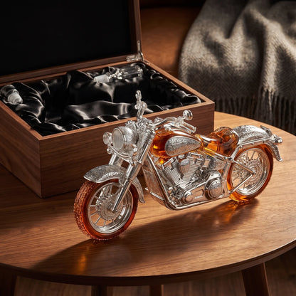 Motorcycle Whiskey Decanter beside an open gift box