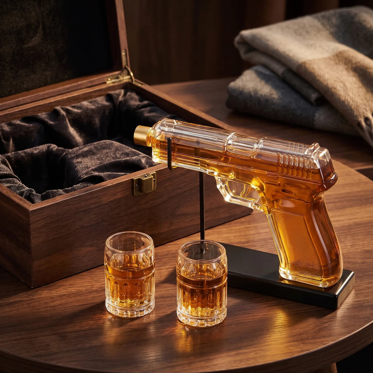 Pistol Decanter with 2 Shot Glasses beside an open gift box