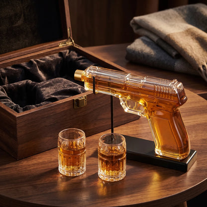 Pistol Decanter with 2 Shot Glasses beside an open gift box
