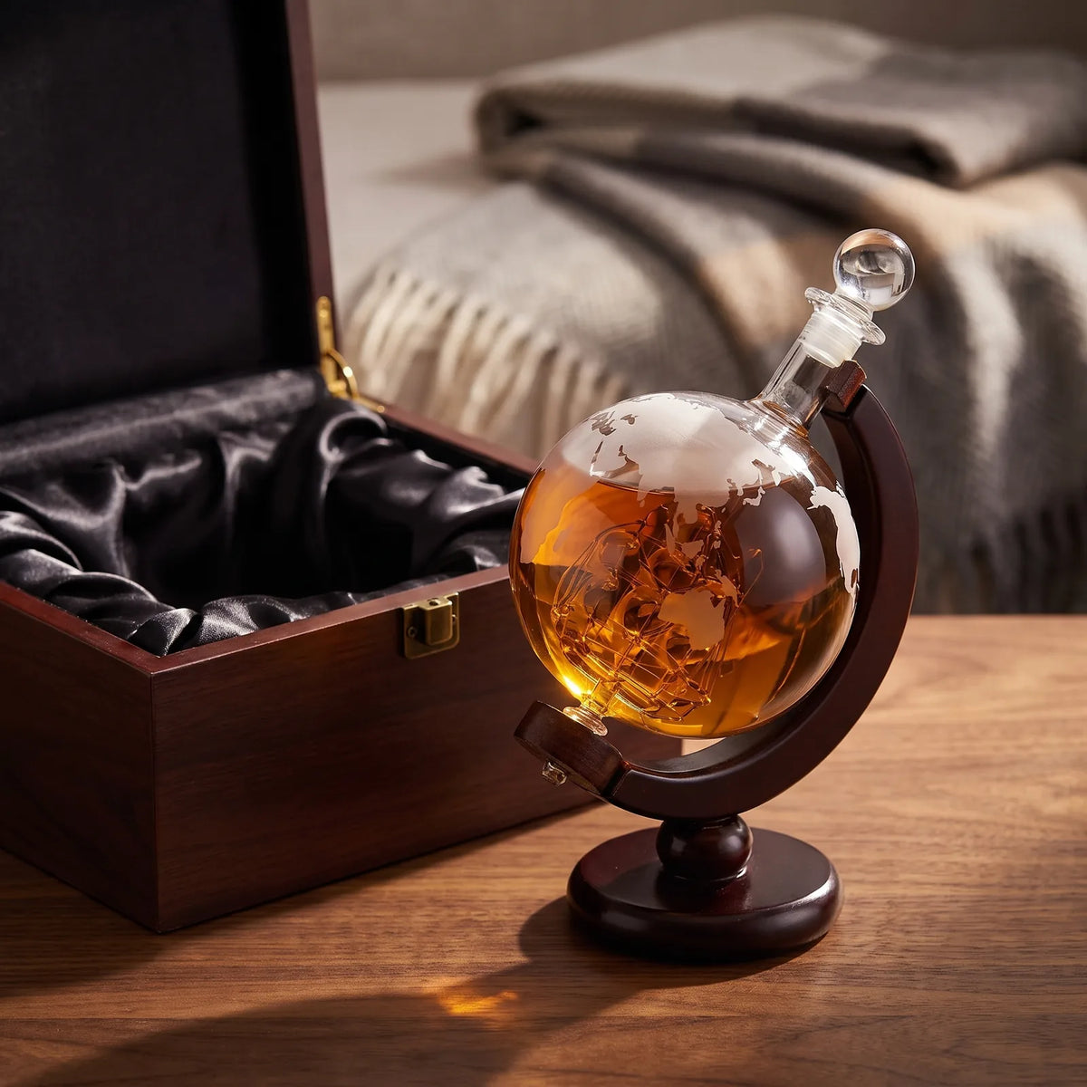 Crystal Globe Whiskey Decanter Set beside an open gift box