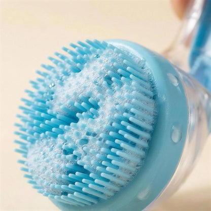 Close-up of the soft blue silicone bristles lathering shampoo into suds