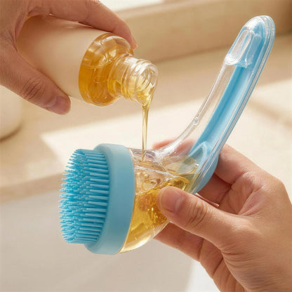 Pet shampoo being poured into the brush's clear refillable handle reservoir