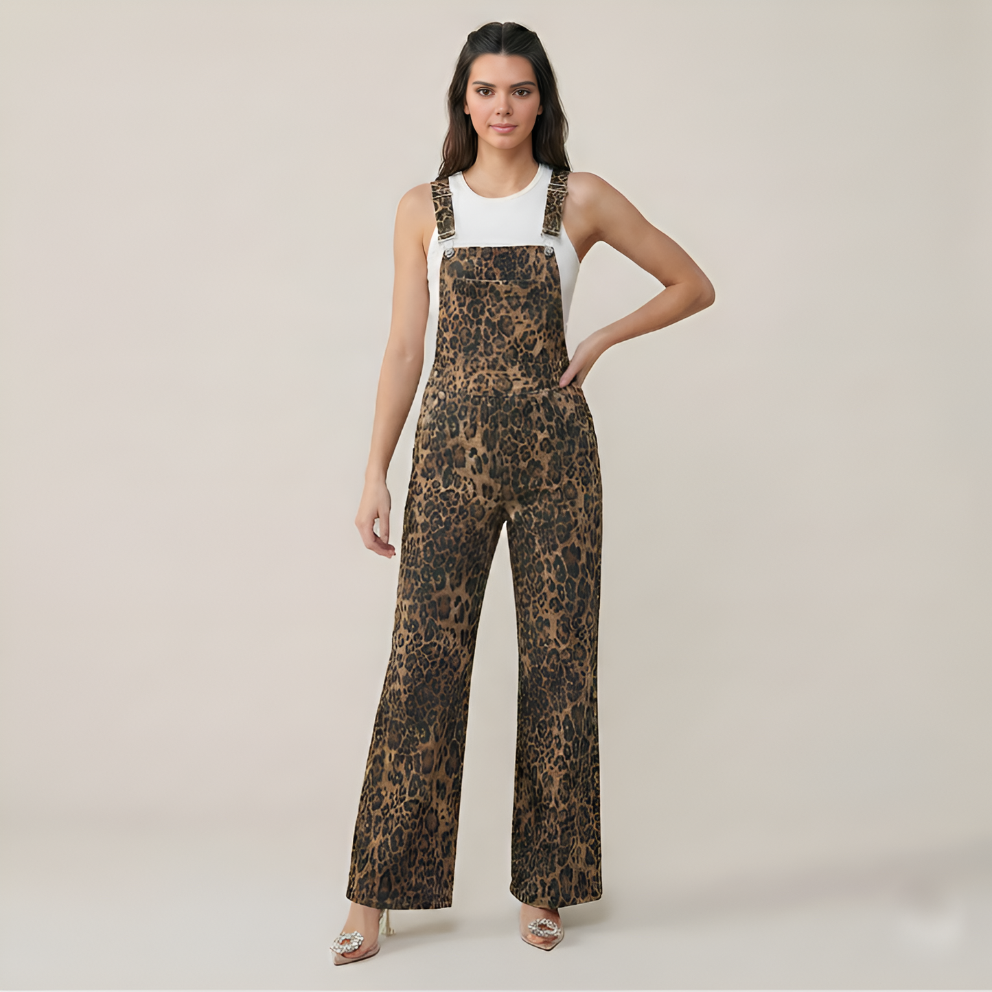 Leopard Pattern Bib Style Flared Jumpsuit