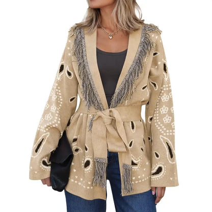 Cicy Bell sohochic Womens Cardigan Sweater Long Sleeve Fringe V Neck Printed Open Front Boho Patchwork Bleted Knit Coats