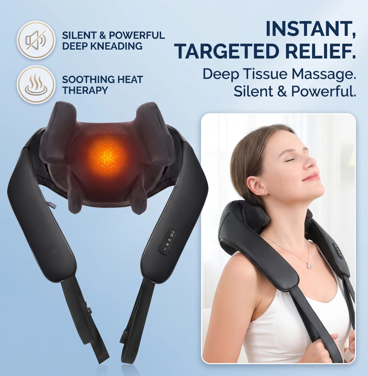 Black neck massager shown from the front with its heated centre panel, and worn over the shoulders