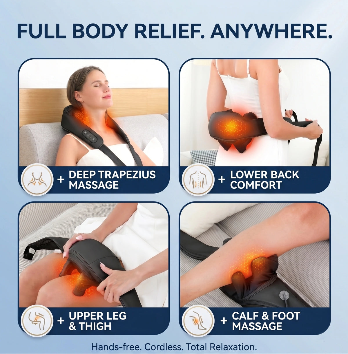 Four views of the massager used on the shoulders, lower back, upper leg and calf